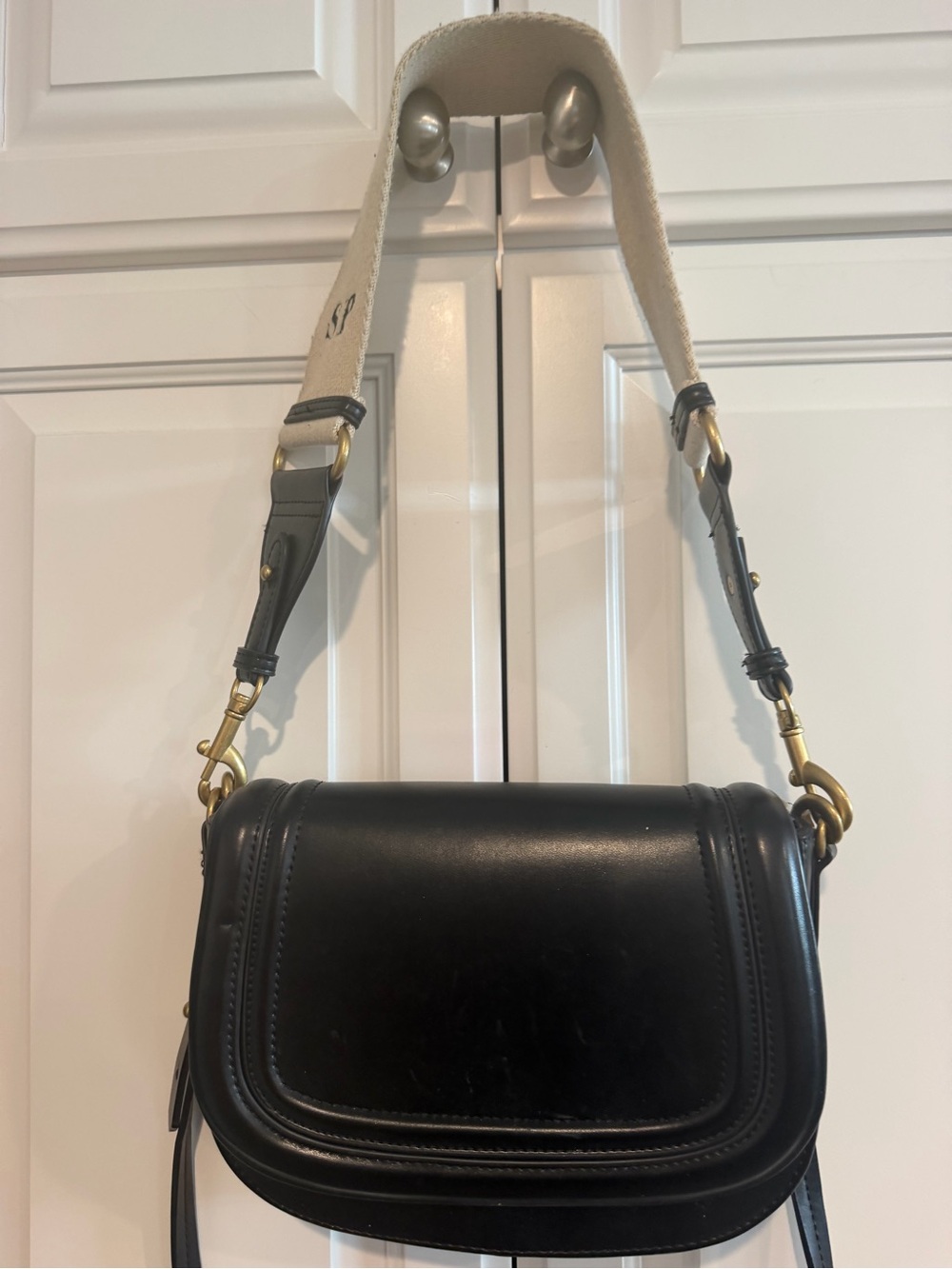 ZARA Canvas Strap Black Leather Crossbody Bag
